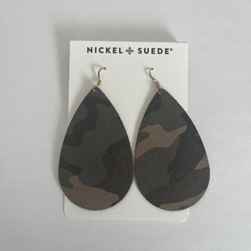 Nickel & Suede Leather Camo Suede Earrings New in Box